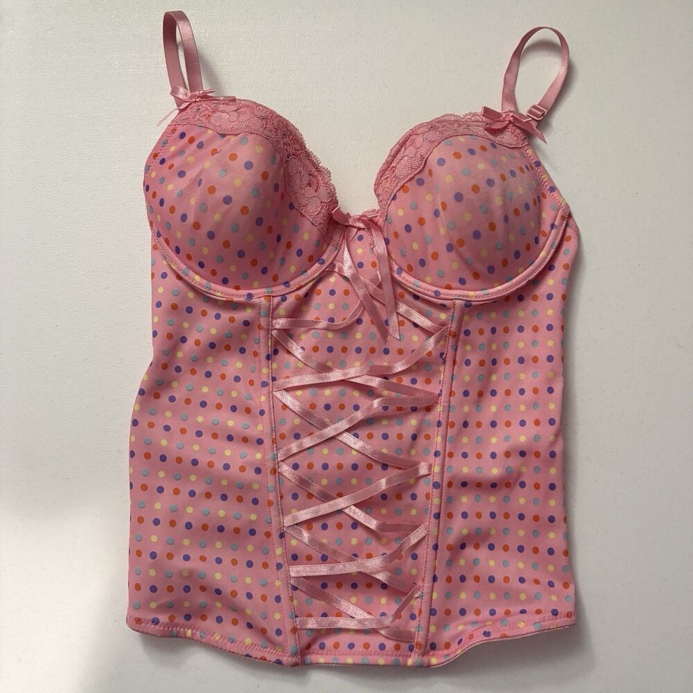 Donna Loren Corset Top Bustier 34B Pink Polka Dot Lace Up Y2K Cottagecore Bows